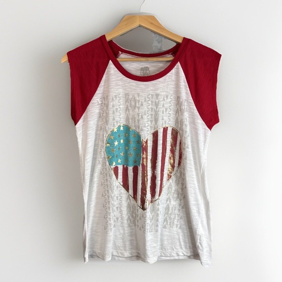 Route 66 Patriotic Shirt Womens M Flag American Heart Cap Sleeve Sheer Holiday - Picture 1 of 10